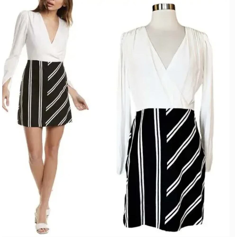NWT MAJE Rolim Casse Dress Robe White Bodice Striped Skirt Black V-Neck LARGE
